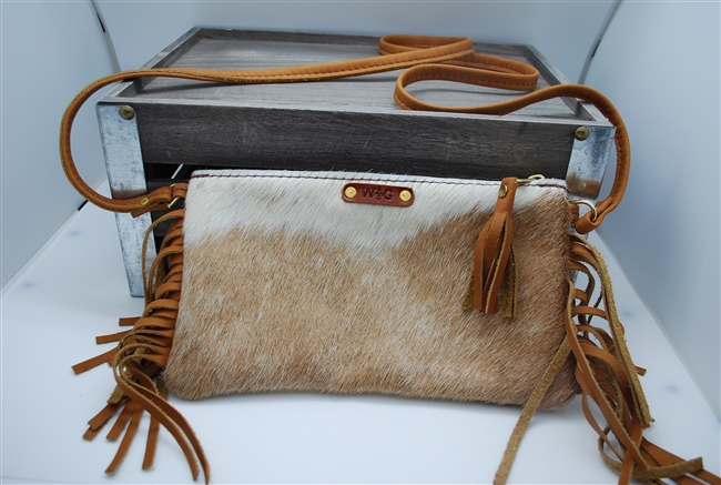 White and Light Brown Mini Cowhide Crossover with Fringe