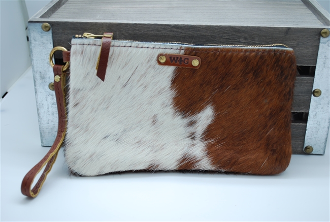 Brown and White Cowhide Small Wristlet