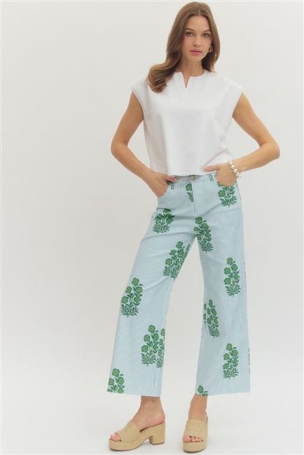 Striped floral print wide-leg pants Blue and Green