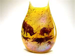 John And Heather Fields Hand Blown Large Petroglyph Pouch Vase