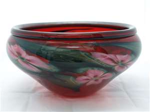 Charles Lotton Ruby Red  Multi-Floral Hand Blown Glass Bowl