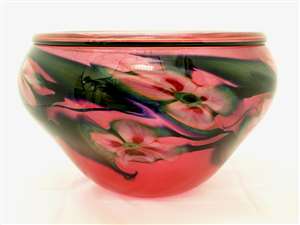 Charles Lotton Hand Blown Ruby Pink Floral Glass Bowl