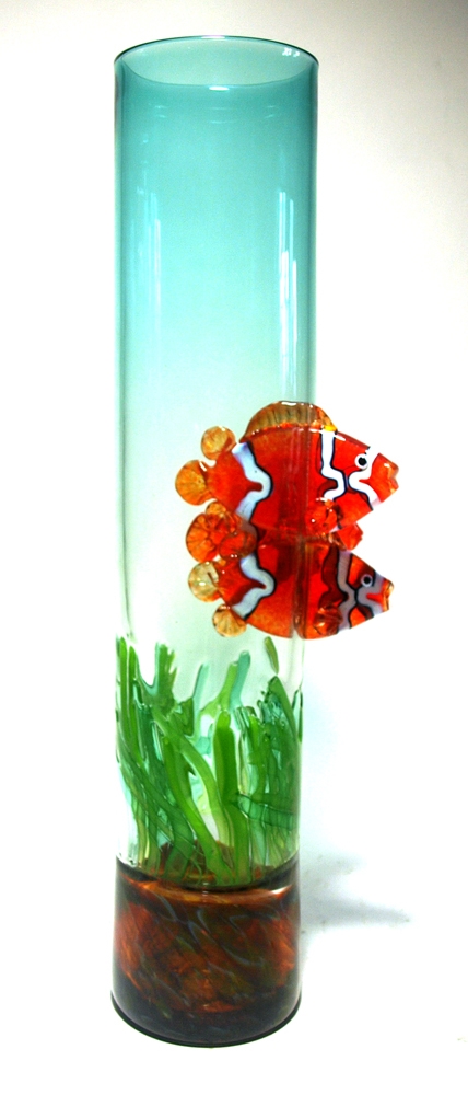 David Leppla Hand Blown Tall Glass Fish Vase with Sea Weed Bowl