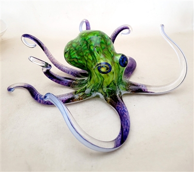 Michael Hopko Small  Green/Violet Blown Glass Octopus Sculpture