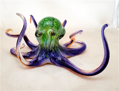 Michael Hopko Medium Green/Violet Blown Glass Octopus Sculpture