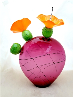 Bob and Laurie Kliss hand Blown Glass Cranberry Nopales Sculpture