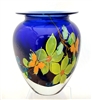 Mayauel Ward Hand Blown Glass Blue Vase with Yellow Flowers