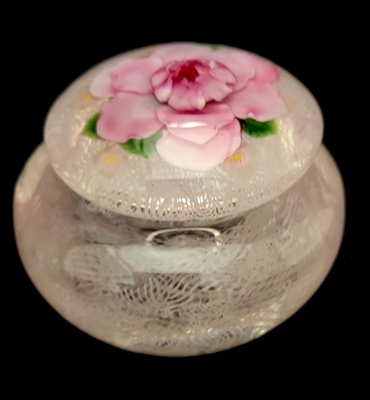 Lundberg Studios Daniel Salazar Pink Rose with Cane Lace Jewelry Jar