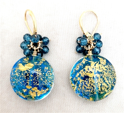 Wendy Lin Venetian Lentil Blue Gold Leaf Glass Bead Earrings