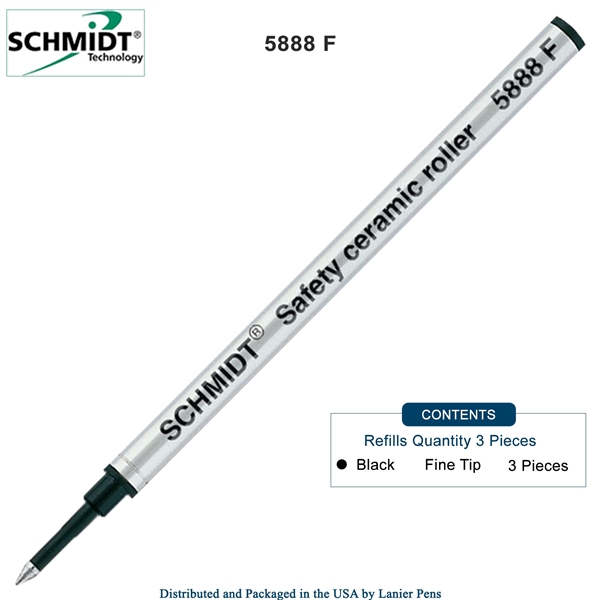 3 Pack - Schmidt 5888 Safety Ceramic Rollerball Metal Refill - Black Ink (Fine Tip 0.6mm) by Lanier Pens, Wood N Dreams