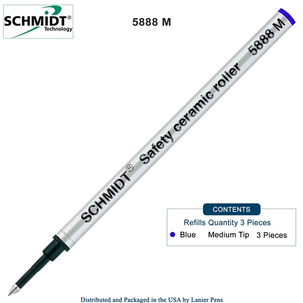 3 Pack - Schmidt 5888 Safety Ceramic Rollerball Metal Refill - Blue Ink (Medium Tip 0.7mm) by Lanier Pens, Wood N Dreams