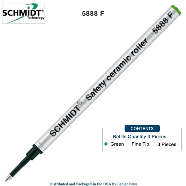 3 Pack - Schmidt 5888 Safety Ceramic Rollerball Metal Refill - Green Ink (Fine Tip 0.6mm) by Lanier Pens, Wood N Dreams