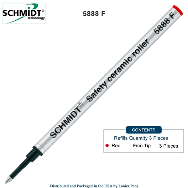 3 Pack - Schmidt 5888 Safety Ceramic Rollerball Metal Refill - Red Ink (Fine Tip 0.6mm) by Lanier Pens, Wood N Dreams
