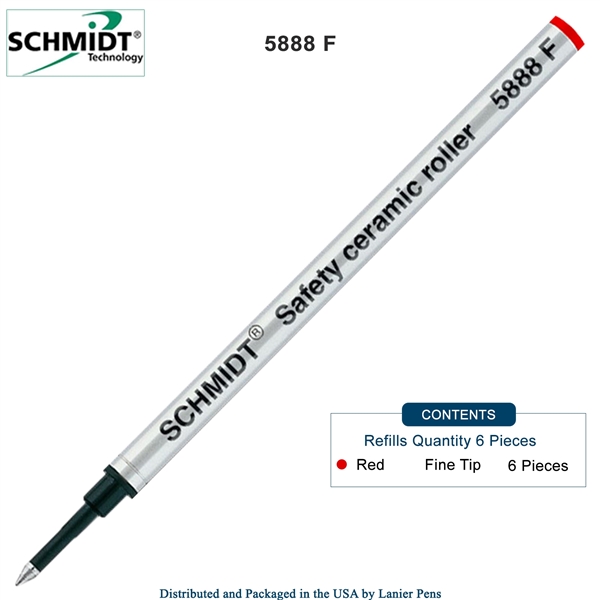 6 Pack - Schmidt 5888 Safety Ceramic Rollerball Metal Refill - Red Ink (Fine Tip 0.6mm) by Lanier Pens, Wood N Dreams