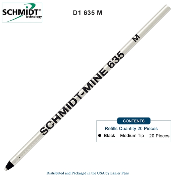 20 Pack - Schmidt 635 D1 Mine Ballpoint Refill - Black Ink (Medium Tip 0.7mm) by Lanier Pens, Wood N Dreams