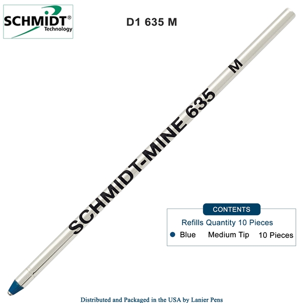10 Pack - Schmidt 635 D1 Mine Ballpoint Refill - Blue Ink (Medium Tip 0.7mm) by Lanier Pens, Wood N Dreams