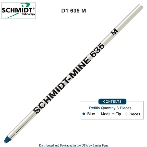 3 Pack - Schmidt 635 D1 Mine Ballpoint Refill - Blue Ink (Medium Tip 0.7mm) by Lanier Pens, Wood N Dreams