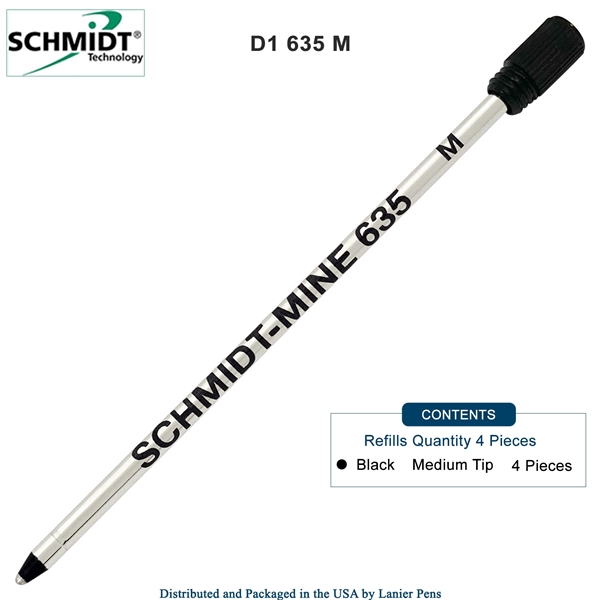 4 Pack - Schmidt 635 D1 Mine Ballpoint Refill with Plastic End Cap - Black Ink (Medium Tip 0.7mm) by Lanier Pens, Wood N Dreams