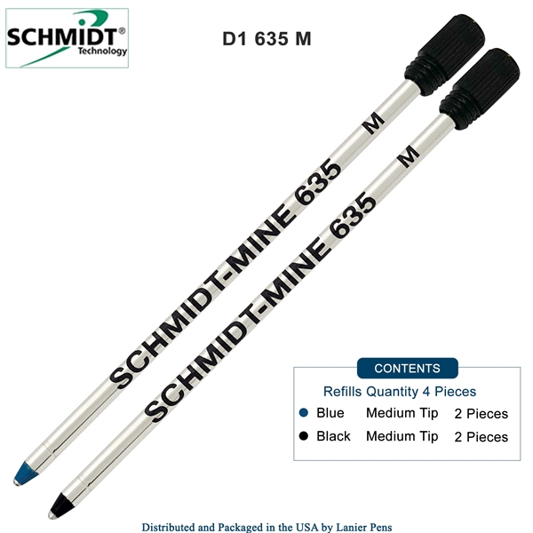 4 Pack - Schmidt 635 D1 Mine Ballpoint Refill with Plastic End Cap - Black, Blue Ink (Medium Tip 0.7mm) by Lanier Pens, Wood N Dreams