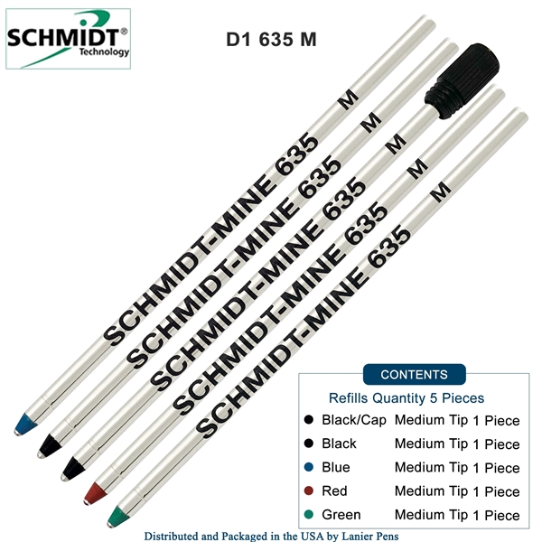 5 Pack - Schmidt 635 D1 Mine Ballpoint Refill - Black, Blue, Red, Green Ink (Medium Tip 0.7mm) (One Black Refill with End Cap) by Lanier Pens, Wood N Dreams