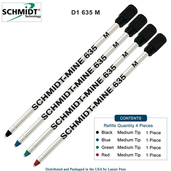 4 Pack - Schmidt 635 D1 Mine Ballpoint Refill with Plastic End Cap - Black, Blue, Green, Red Ink (Medium Tip 0.7mm) by Lanier Pens, Wood N Dreams
