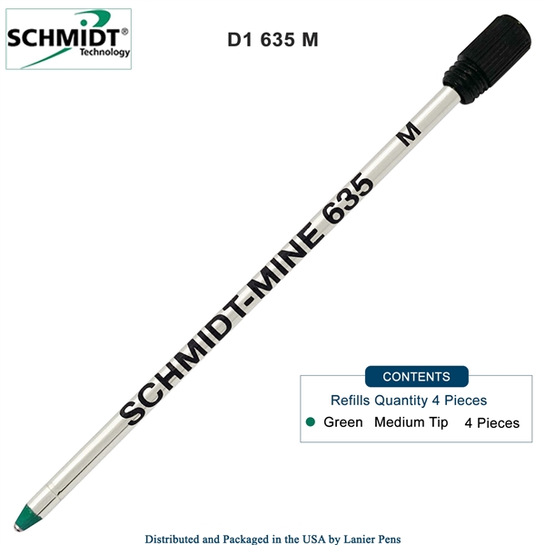 4 Pack - Schmidt 635 D1 Mine Ballpoint Refill with Plastic End Cap - Green Ink (Medium Tip 0.7mm) by Lanier Pens, Wood N Dreams