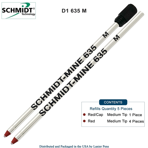 5 Pack - Schmidt 635 D1 Mine Ballpoint Refill - Red Ink (Medium Tip 0.7mm) (One Red Refill with End Cap) by Lanier Pens, Wood N Dreams