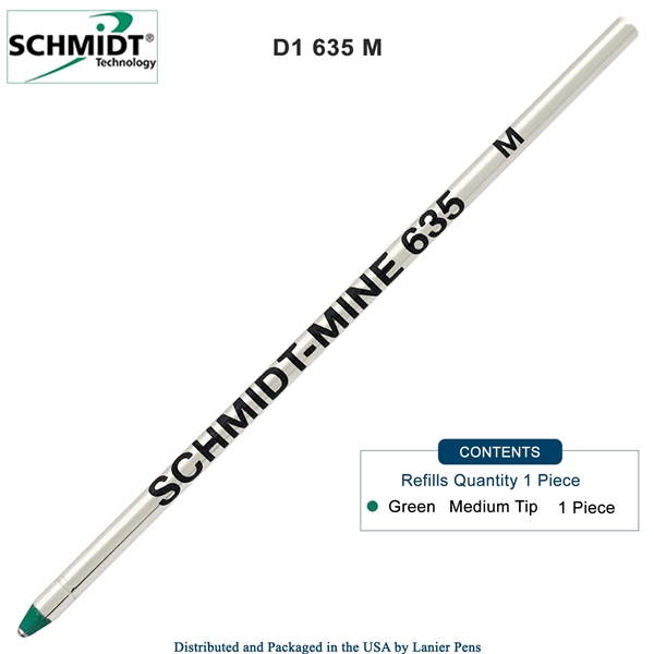 Schmidt 635 D1 Mine Ballpoint Refill - Green Ink (Medium Tip 0.7mm) by Lanier Pens, Wood N Dreams