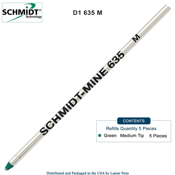 5 Pack - Schmidt 635 D1 Mine Ballpoint Refill - Green Ink (Medium Tip 0.7mm) by Lanier Pens, Wood N Dreams