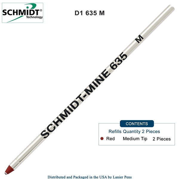 2 Pack - Schmidt 635 D1 Mine Ballpoint Refill - Red Ink (Medium Tip 0.7mm) by Lanier Pens, Wood N Dreams