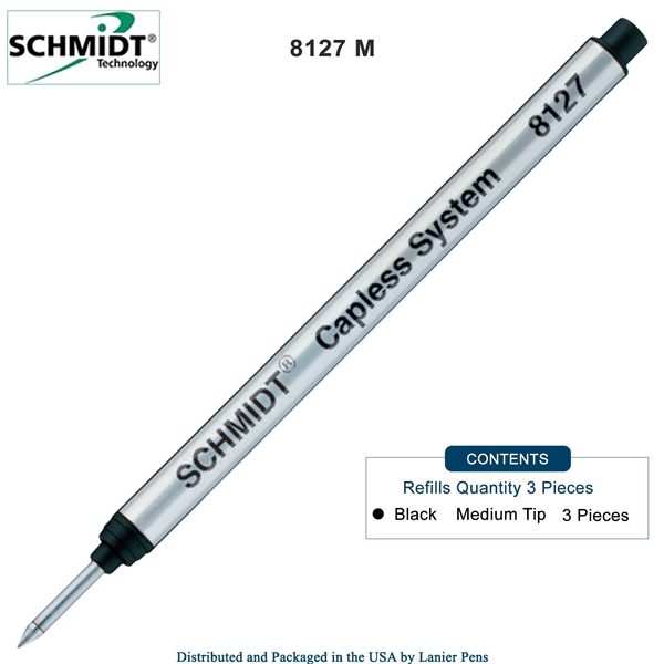 3 Pack - Schmidt 8127 Long Capless Rollerball Refill - Black Ink (Medium Tip 0.7mm) by Lanier Pens, Wood N Dreams