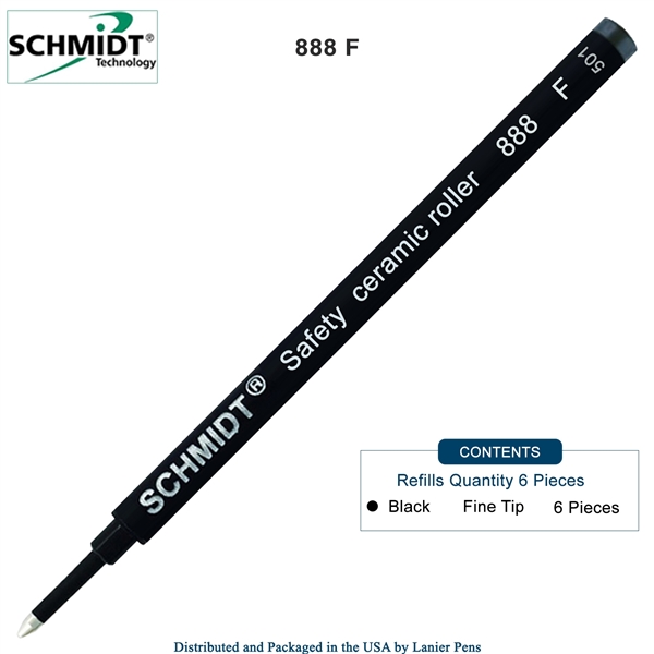 6 Pack - Schmidt 888 Safety Ceramic Rollerball Refill - Black Ink (Fine Tip 0.6mm) by Lanier Pens, Wood N Dreams