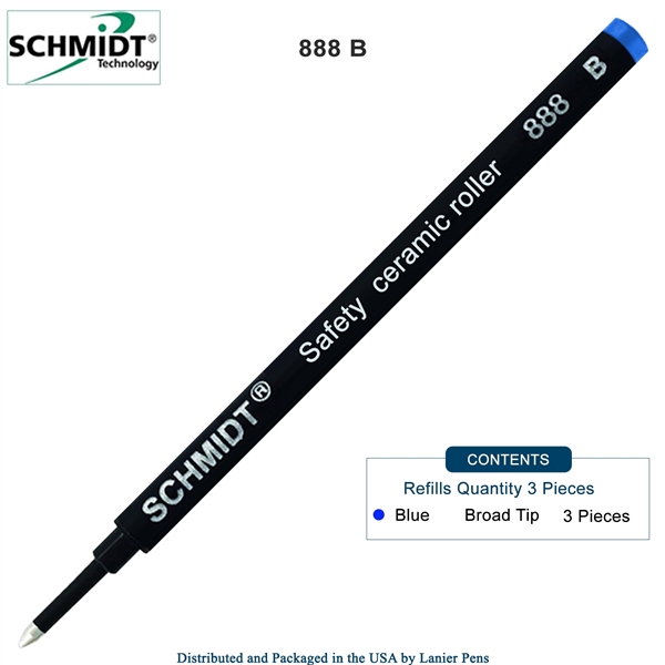 3 Pack - Schmidt 888 Safety Ceramic Rollerball Refill - Blue Ink (Broad Tip 1.00mm) by Lanier Pens, Wood N Dreams