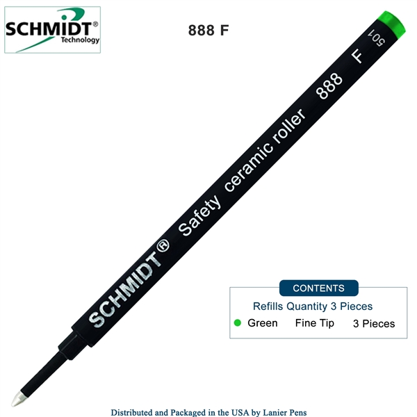 3 Pack - Schmidt 888 Safety Ceramic Rollerball Refill - Green Ink (Fine Tip 0.6mm) by Lanier Pens, Wood N Dreams