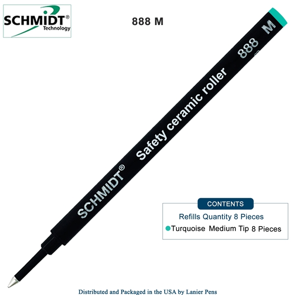 8 Pack - Schmidt 888 Safety Ceramic Rollerball Refill - Turquoise Ink (Medium Tip 0.7mm) by Lanier Pens, Wood N Dreams