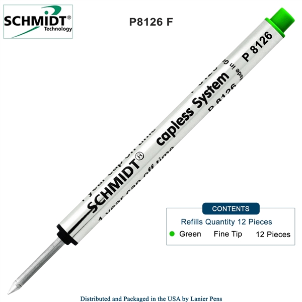 12 Pack - Schmidt P8126 Capless Rollerball Refill - Green Ink (Fine Tip 0.6mm) by Lanier Pens, Wood N Dreams