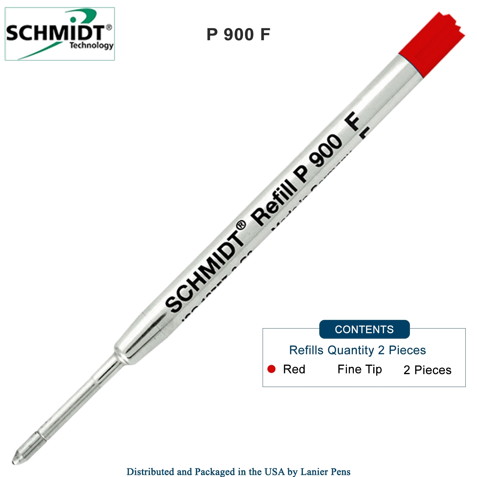 2 Pack - Schmidt P900 Parker Style Ballpoint Pen Refill - Red Ink (Fine Tip  0.6mm) by Lanier Pens