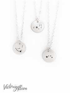 Sterling silver necklace with tiny round disc charm, hand stamped with personalized constellation of your choice. Choose from Zodiac signs or other popular constellations. Charm measures approximately 11mm.
