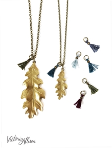 Brass Leaf Necklace with Tiny Tassel, Oak Leaf, Choose Your Color, Antiqued Brass Chain, Fall Statement Jewelry, Leaf Jewelry, Large, Small