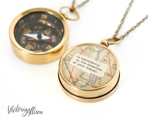 Working Compass Necklace with Vintage Map and Thoreau or Personalized Quote - Go Confidently In the Direction of Your Dreams