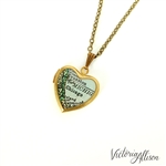 Small Chicago Map Necklace on Vintage Heart Locket - Illinois Antique Map Jewelry