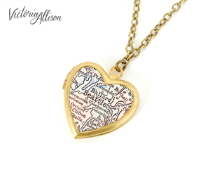 Small Seattle Map Necklace on Vintage Heart Locket - Washington Antique Map Jewelry