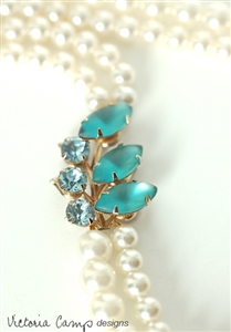 Eco Friendly Vintage Blue Rhinestone and White Pearl Double Strand Wedding Necklace
