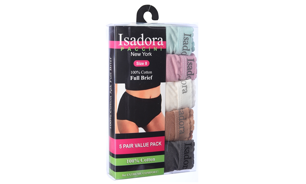 Wholesale Isadora Women's 5pcs Per Pack Full Cut Assorted Colors Cotton  Briefs With Size Options (48 Packs)