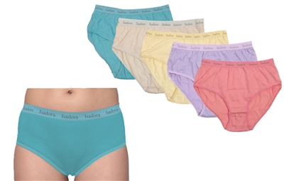 Wholesale Isadora Women's 5pcs Per Pack Full Cut Assorted Colors Cotton Briefs With Size Options (48 Packs)