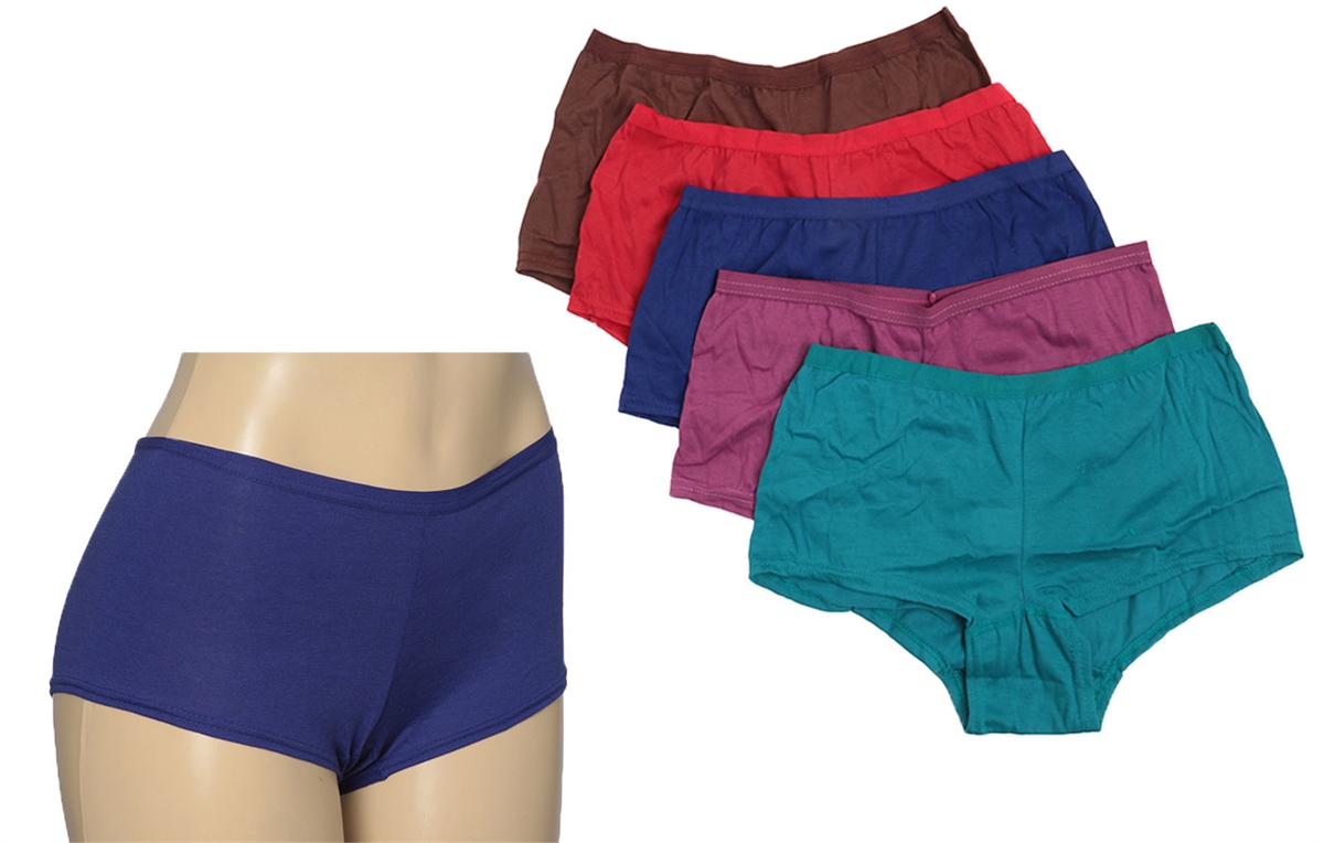 Wholesale Women's 5pcs Per Pack Cotton Boyleg Panties (Purple, Pink, Green,  Red, Brown) (24 Packs)