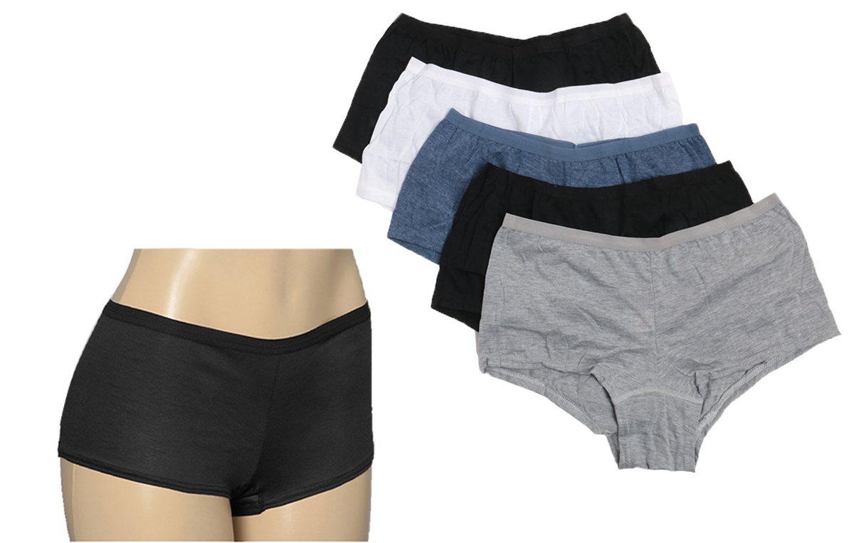 Wholesale Women's 5pcs Per Pack Cotton Boyleg Panties (Black, Grey, White,  Blue) (24 Packs)