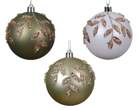 3asst Gliter Leaf Baubles 8cm