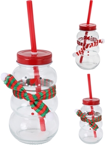 2asst Snowman Drinking Glass With Straw