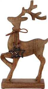 Large Wooden Reindeer With Hanging Stars 36cm